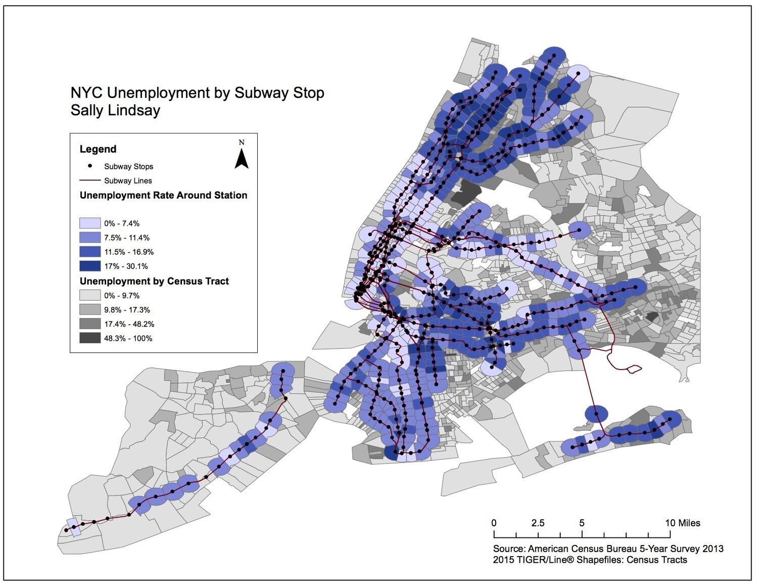This is a map of the unemployment rate around each of NYC's subways with the unemployment by census tract in the background.
