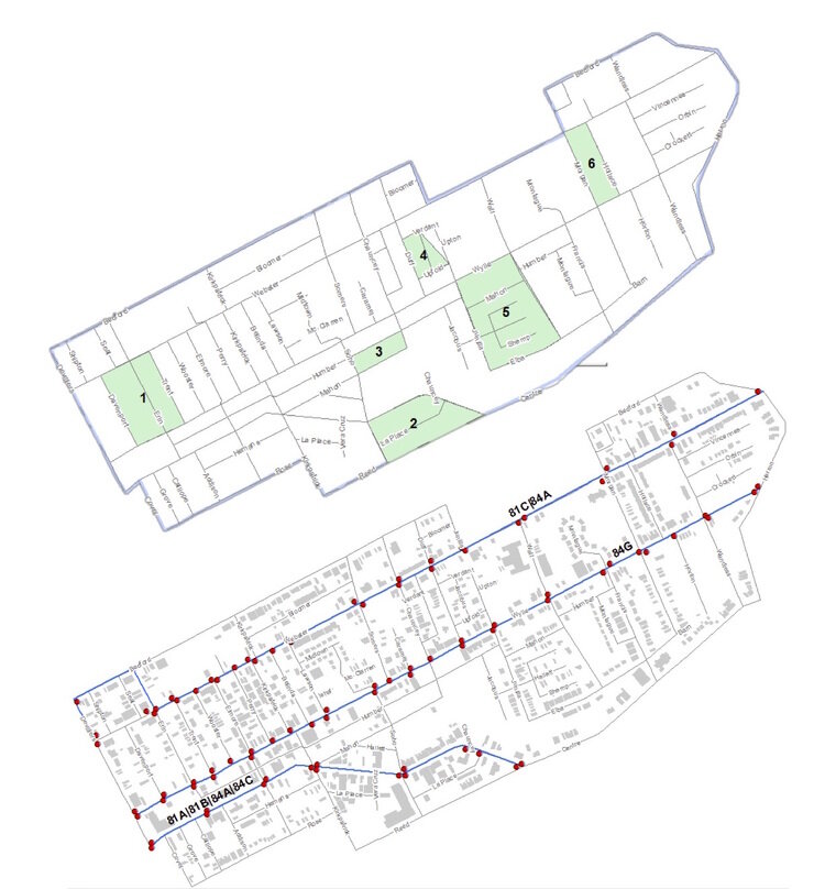 This is a tracing map of various NYC neighborhoods and bus routes
