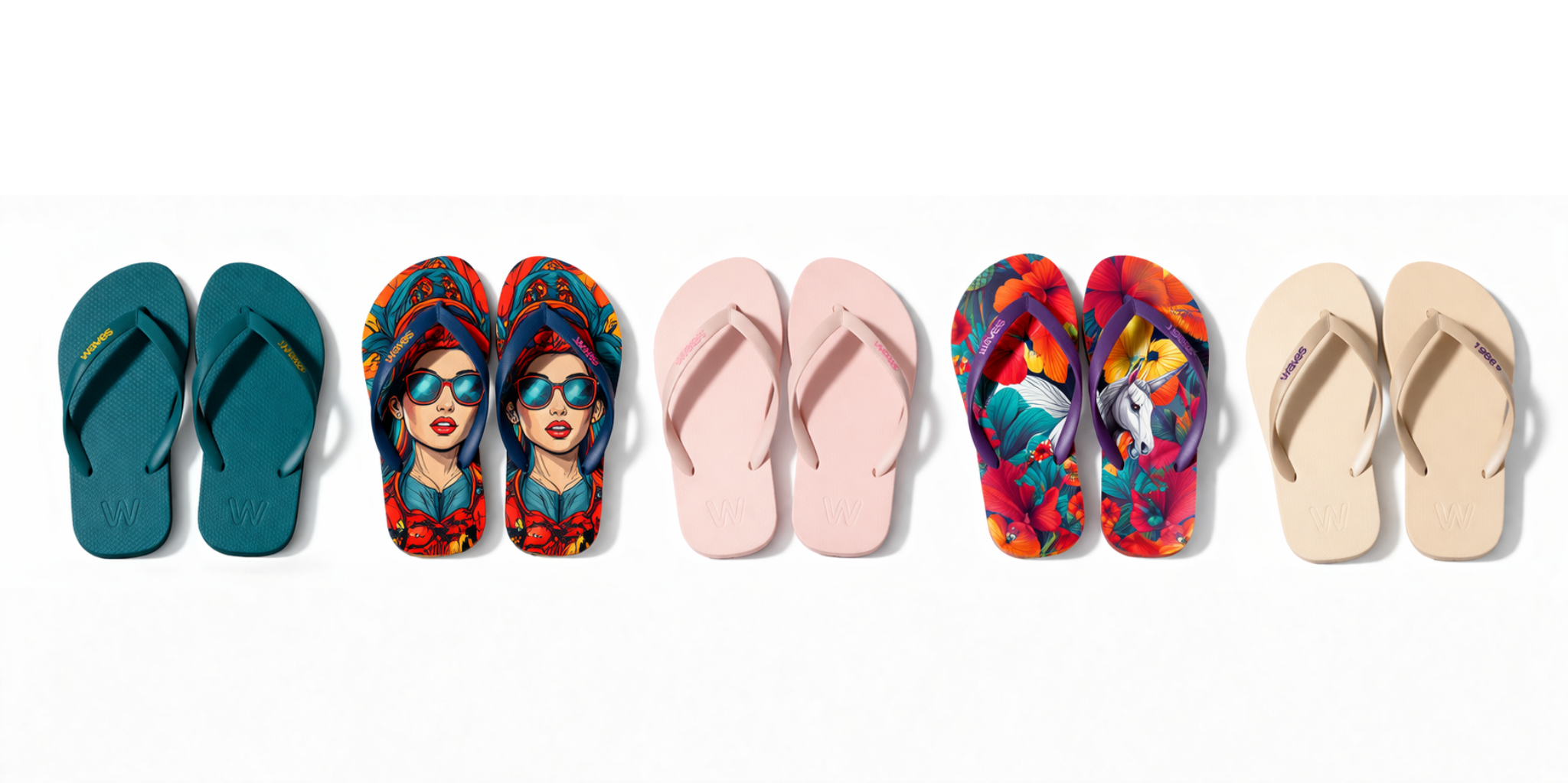 Six pairs of colorful flip-flops arranged on a white background, featuring solid colors, graphic designs, and patterns with unicorns and floral motifs.