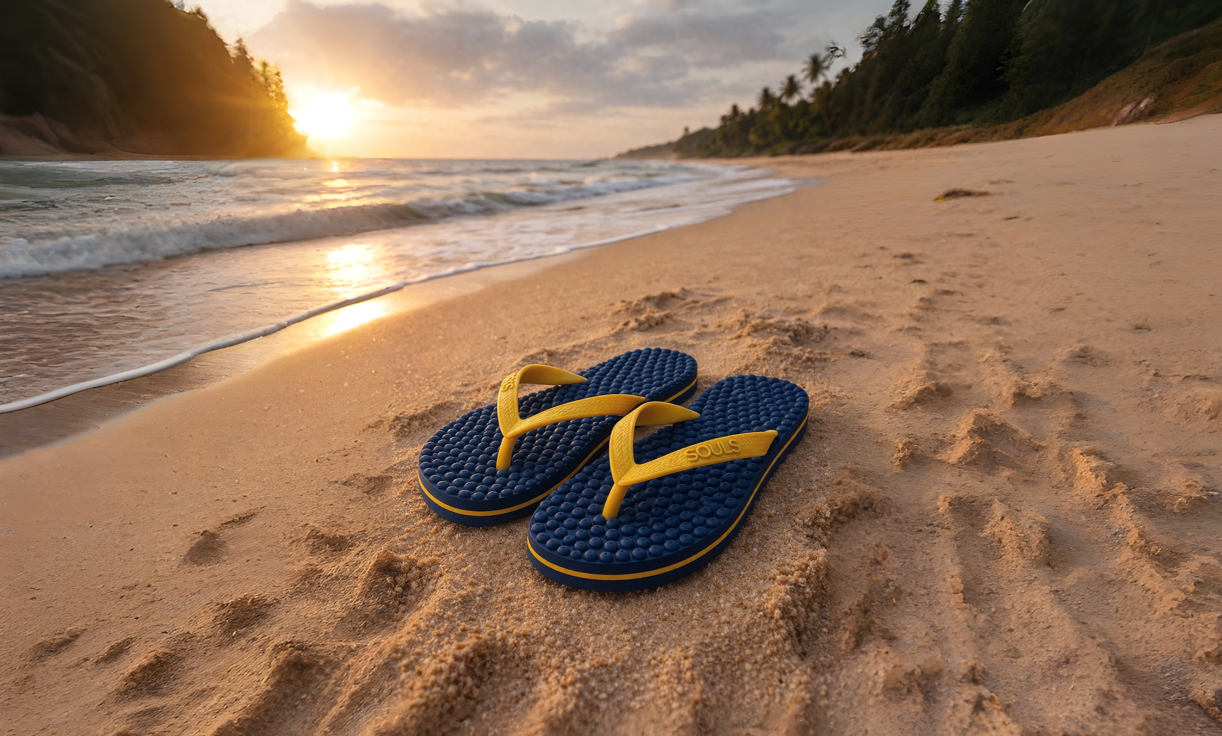 Yellow and blue flip-flops on sandy beach at sunset, with the ocean and trees in the background.