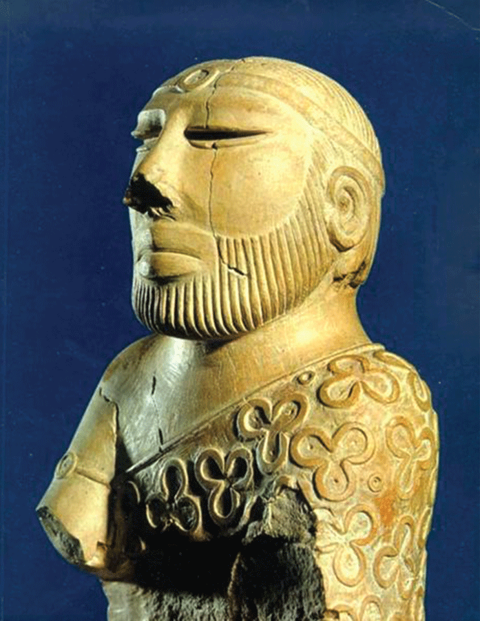Nothing has come to symbolize the Indus Valley Civilization better than the so-called Priest King from Mohenjo-Daro. The figure is wrapped in a robe-like cloth from its left shoulder under its right arm, and is covered in a trefoil design.