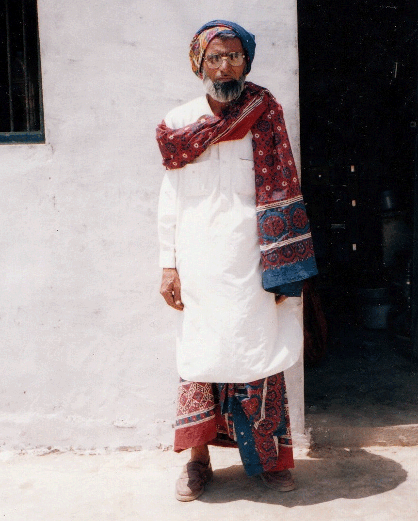 Traditionally, Ajrakh is worn as a turban, shoulder cloth, and dhoti