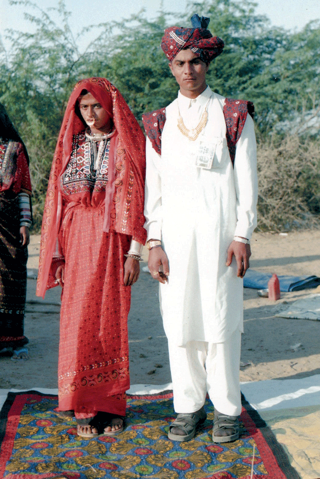 A Jat Maldhari groom with a traditional Ajrakh turban and shoulder cloth