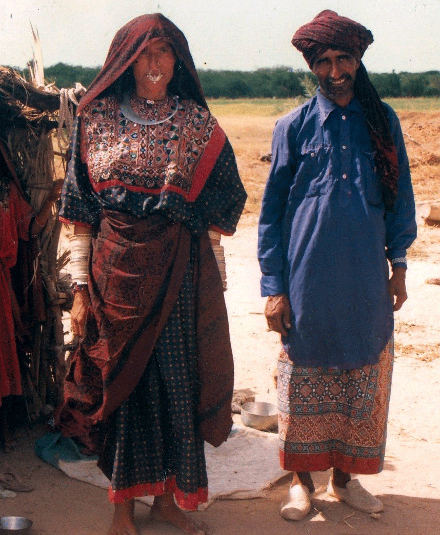 A Jat Maldhari couple; the Jat man is wearing a traditional Ajrakh dhoti
