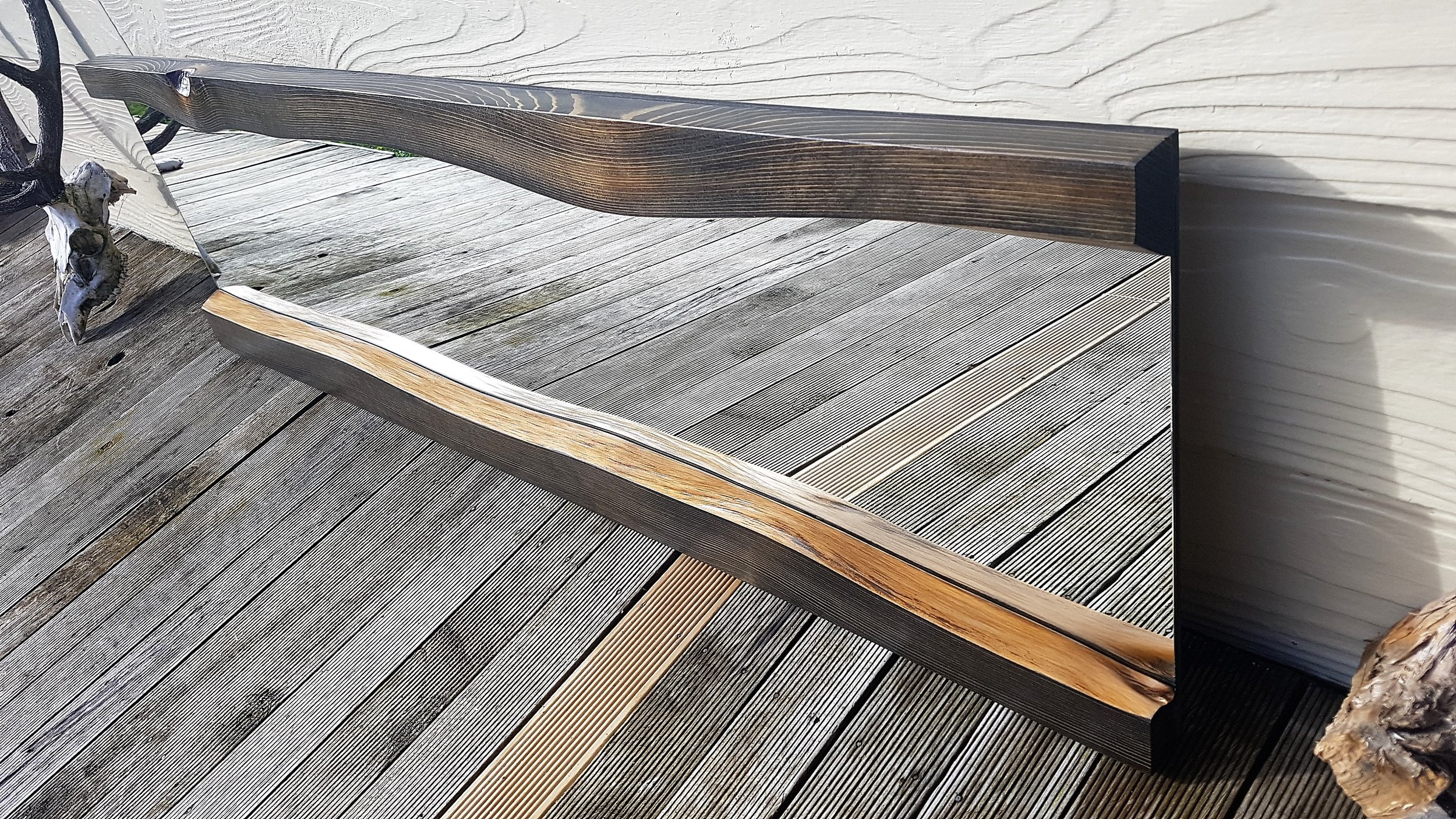 Wall mount river mirror in black stained Redwood,   Price.