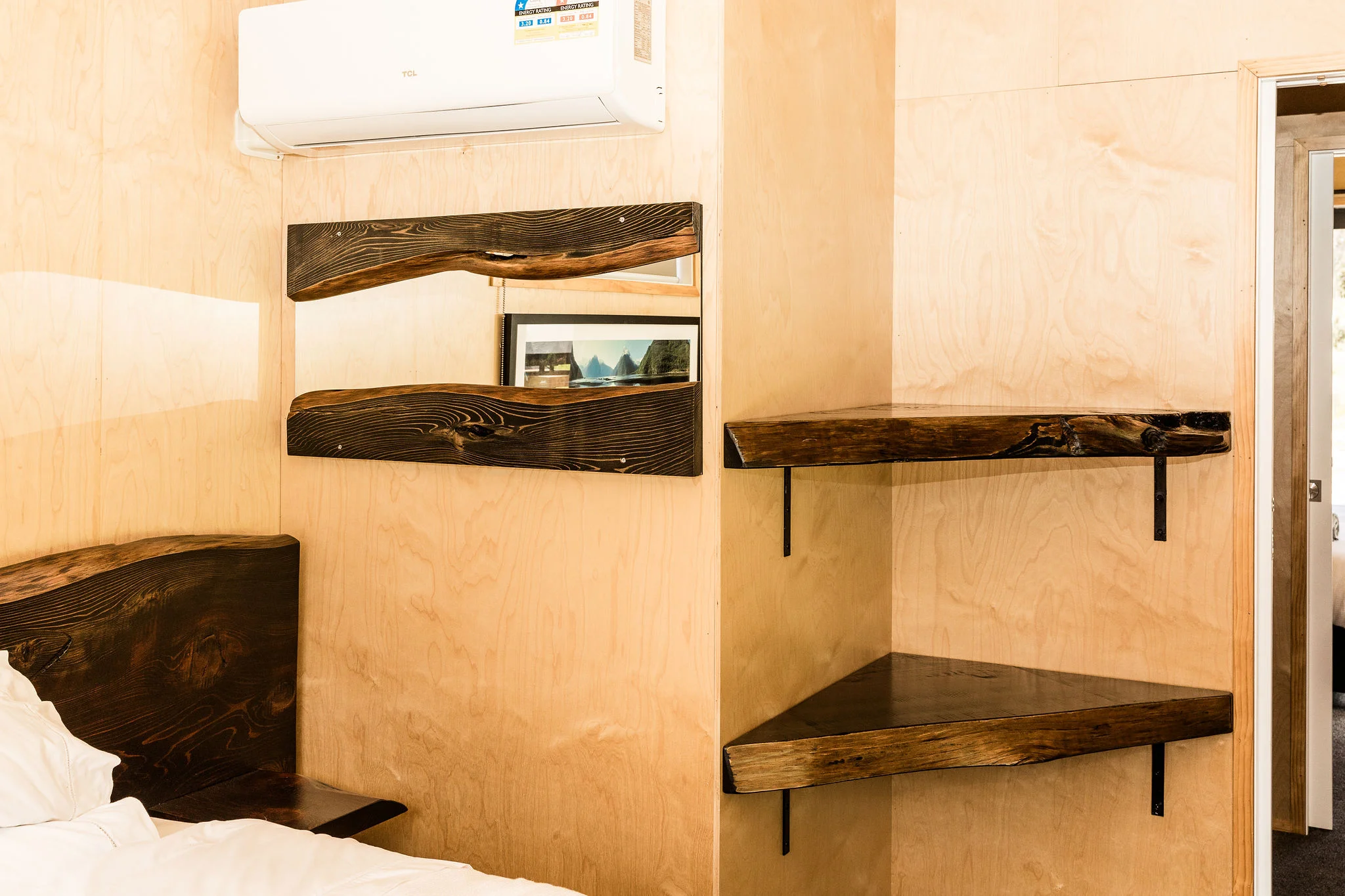 Black stained Redwood Mirror, bed and shelves.