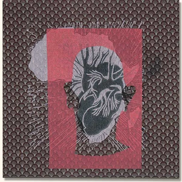 Tattooed Head with black heart. (Lino on sheshwe material)