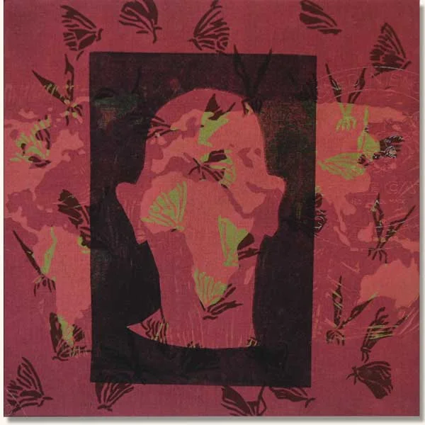 Tattooed Head with butterflies and Africa. (Lino on sheshwe material)