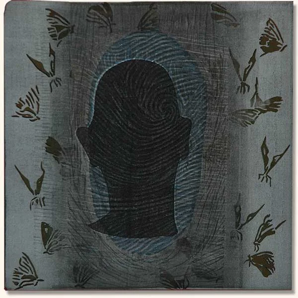 Tattooed Head with fingerprint and butterflies ( Lino on sheshwe material)