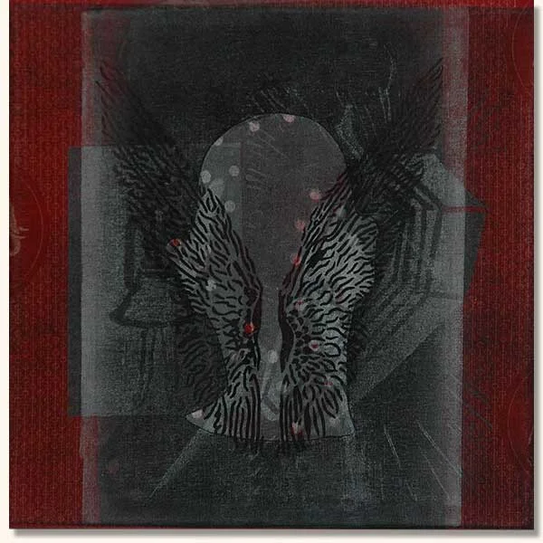 Tattooed Head with wings and a coffin ( Lino on sheshwe material)