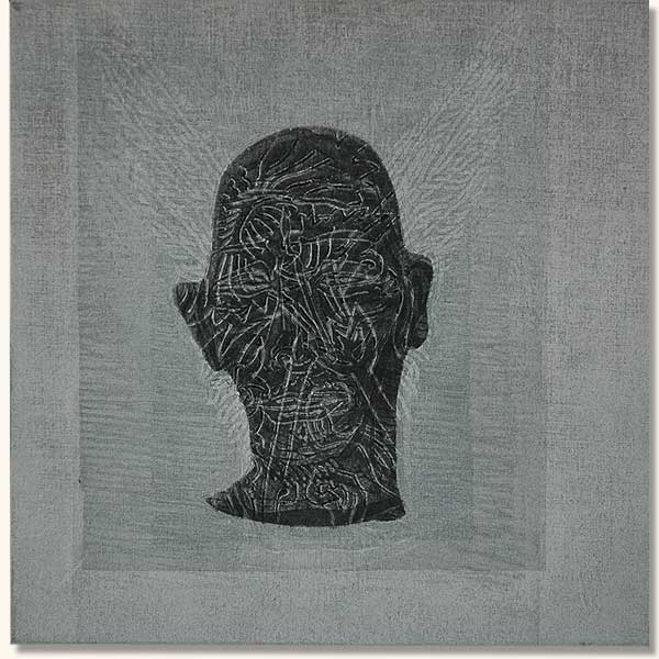 Tattooed Head, Black on White ( Lino on sheshwe material)