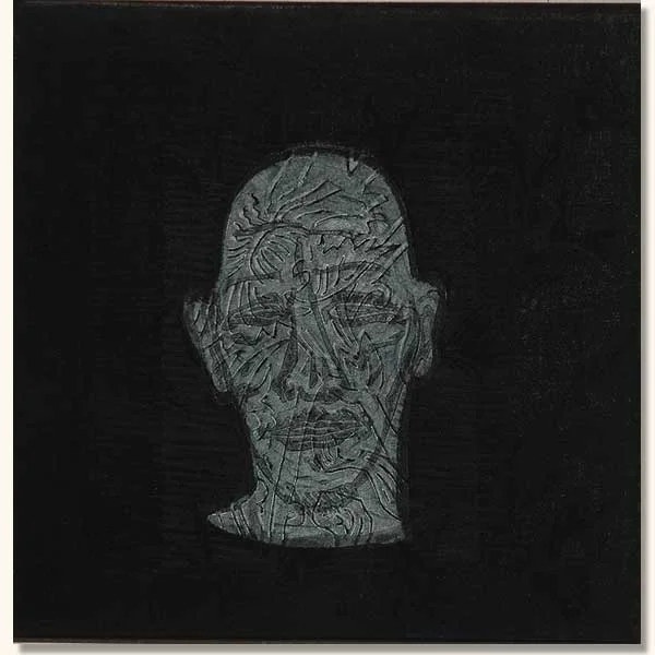 Tattooed Head, black on white ( Lino on sheshwe material)
