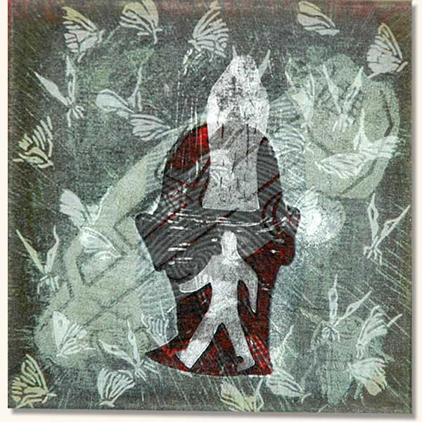 Tattooed Head with walking man and car ( Lino on sheshwe material)