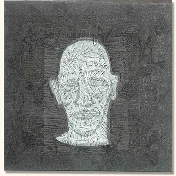 Tattooed Head, white on black. ( Lino on sheshwe material)