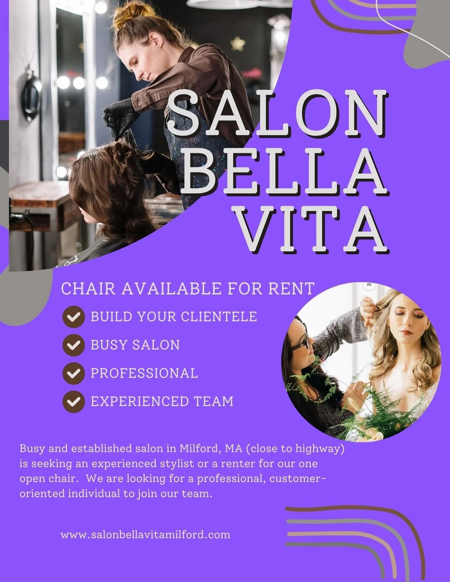 ✨ Stylist Opportunity at Salon Bella Vita! ✨

We&rsquo;re looking for a talented stylist or chair renter to join our busy, established salon in Milford, MA (just off the highway!). Please contact (774)804-3934 or salonbellavitamilford@gmail.com for m
