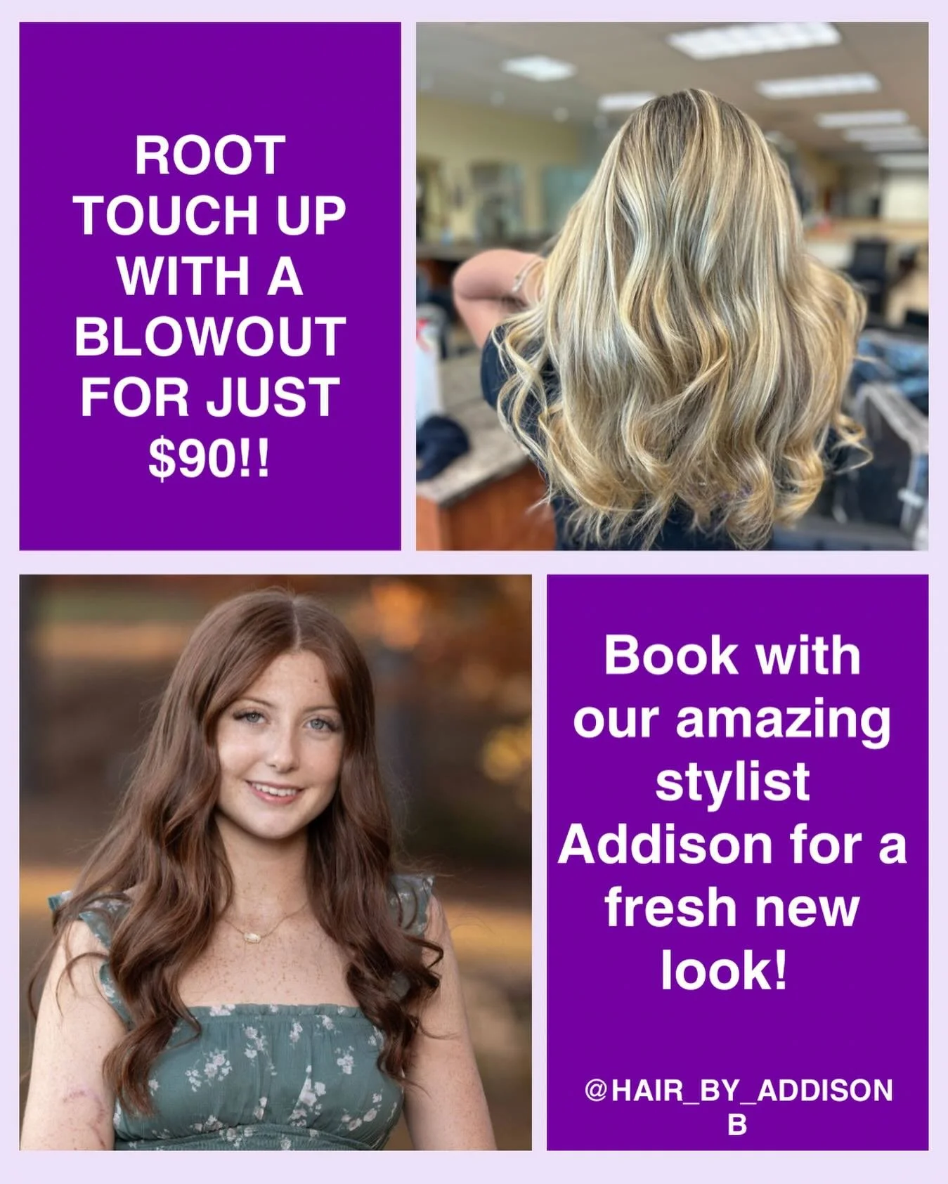 Root touch-up + blowout for just $90 ✨ Get refreshed, polished, and feeling your best with Addison. Addison has been part of the Bella Vita family for almost 3 years and has been licensed for over a year, bringing experience and a warm, welcoming tou