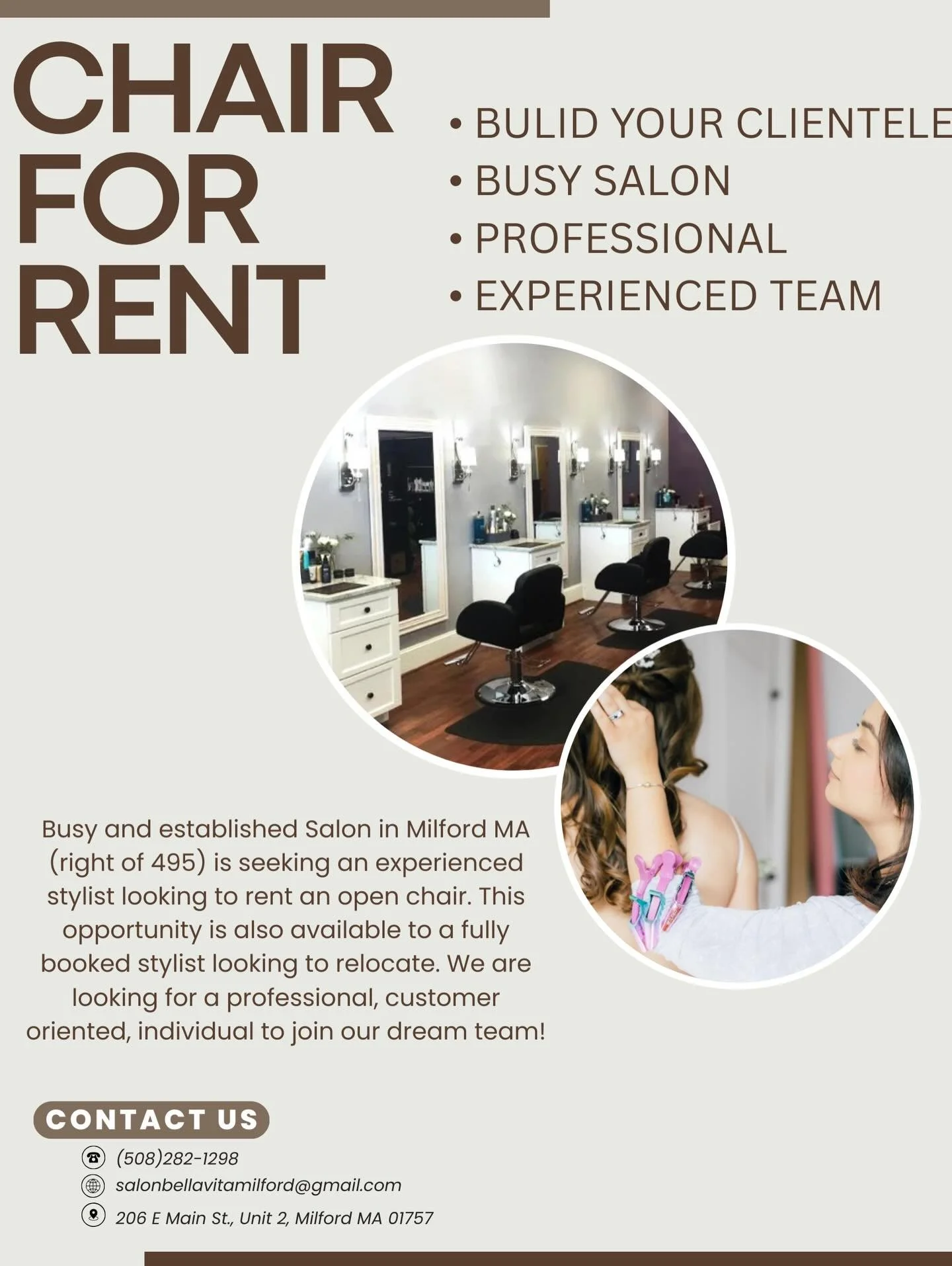 ✨ CHAIR FOR RENT ✨

Busy, established salon in Milford, MA (right off 495) looking for an experienced stylist ready to grow their clientele in a professional, supportive environment 🤍

✔️ Busy salon
✔️ Experienced team
✔️ Perfect for a stylist ready