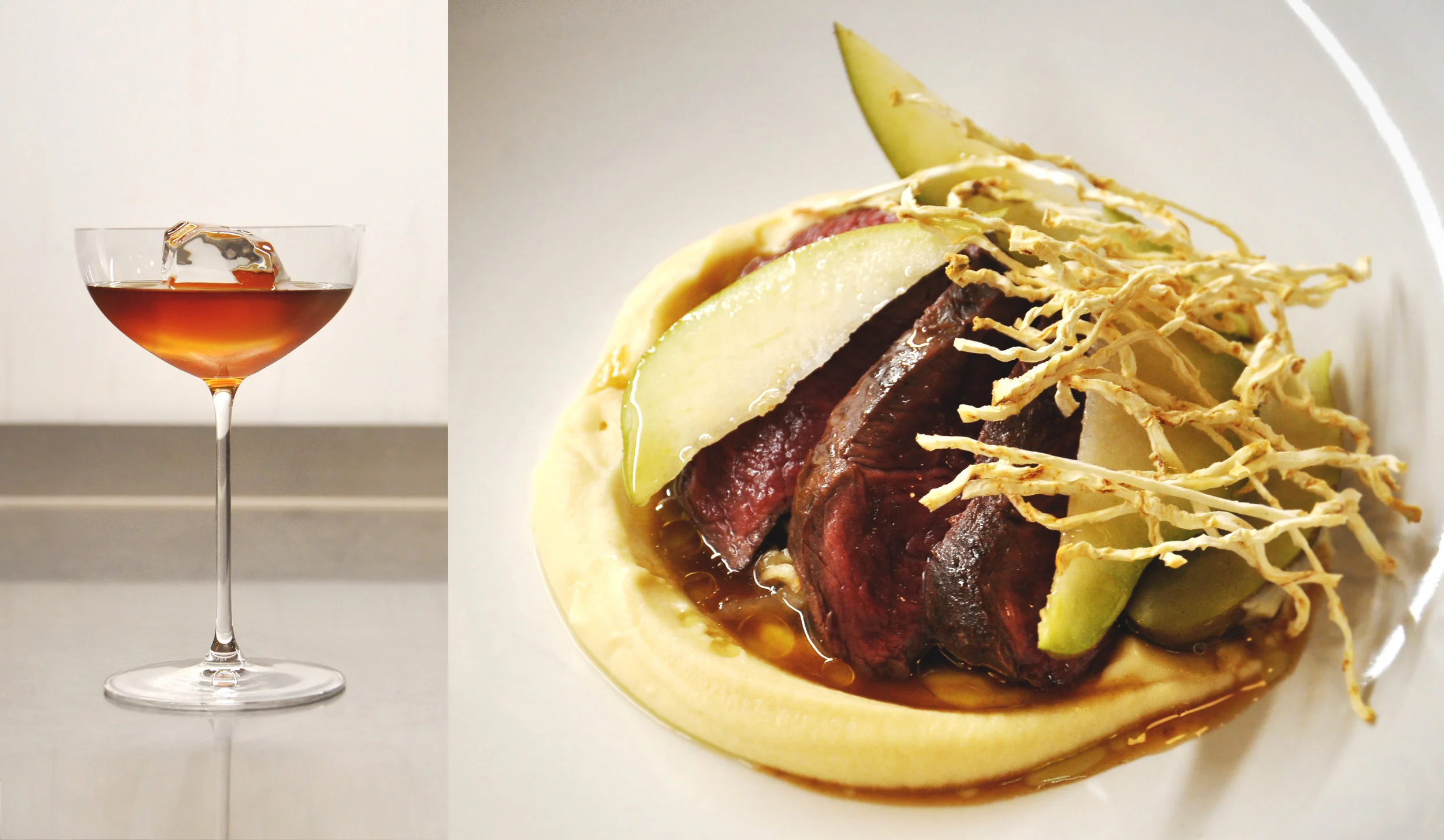 A cocktail pairing by Alex Kratena, with a zero waste dish of venison, pear and celariac cooked by Douglas McMaster at EFS.