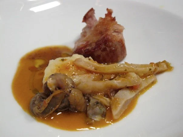 Moreno Cedroni, taster served in the kitchen of La Madonnina del Pescatore** 2011. Veal shin (60°C 18 hours) wrapped in lardo, with snails and Monkfish belly tripe and lentil soup.