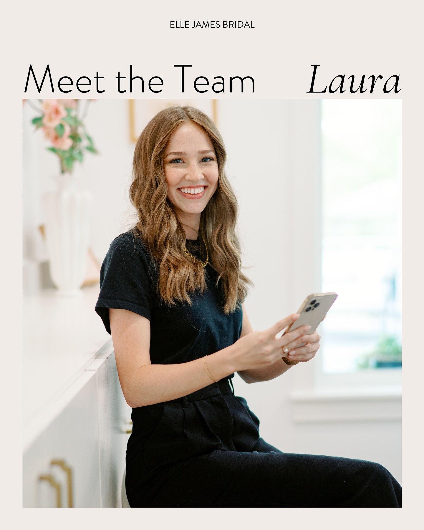 MEET THE TEAM | @_laurakatherine 
Media Manager &amp; Stylist at Elle James Bridal 🤍

𝗖𝗼𝗳𝗳𝗲𝗲 𝗼𝗿𝗱𝗲𝗿: iced matcha latte with coconut milk and one pump of vanilla

𝗣𝗲𝘁𝘀: A very chunky kitty named Belle 🐈&zwj;⬛

𝗙𝗮𝘃𝗼𝗿𝗶𝘁𝗲 𝗟𝗼𝗰𝗮