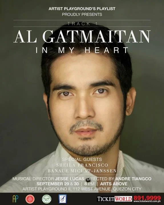 CLASSICAL CROSSOVER ARTIST AL GATMAITAN HEADLINES “IN MY HEART,” ARTIST PLAYGROUND’S PLAYLIST FIRST OFFERING Savor soulful singing of original songs and well-loved tunes given new arrangements by award-winning composer Jesse Lucas. There was a time when tenor Al Gatmaitan found himself at a crossroads. He journeyed solo to Europe, even entertaining thought of never going back to the Philippines. Gatmaitan was already doing well then, performing for local theater groups in Manila but he wanted to pursue further studies. Early into his three-year soul searching in Italy, Gatmaitan felt like the odd man out singing Italian songs, which lyrics he mostly didn’t understand. “I eventually fell in love with the language, and slowly warmed up to it because is very romantic,” he recalls. Gatmaitan would win a scholarship for a Diploma in Teaching Italian Language Abroad from the University of Dante Aleghieri and scored more grants to study at Teatro Calabria (Acting and Diction); Spazio Teatro (Actor’s Formation); and Conservatorio “Torre Franca” di Vibo Valentia (Intensive Vocal Formation Training). He could have built a totally new and permanent world for himself in Italy (where he started landing roles as an actor, too!) but he knew that cliche as it might sound, there was no place like home. Thankfully, Manila didn’t lose an artist as committed, passionate, and talented as Al Gatmaitan to Italy. Upon his return, Gatmaitan was immediately featured in lead roles in plays like “Noli Me Tangere,” “Banaag at Sikat,” “Tales of the Manuvu,” “Skin Deep,” among others. He has also crossed over into more mainstream platforms like acting for TV series and films with such credits as “In Nomine Matris,” “The Mistress,” and “Aparisyon.” Soon, Gatmaitan’s musical prowess and versatility will take the spotlight as the first featured artist in the kick-off of Artist Playground’s Playlist, a series of intimate concerts. He will headline Track 1 entitled “Al Gatmaitan: In My Heart” on September 29 and 30 at the newest, hippest performance venue called Arts Above, along West Avenue in Quezon City. The two-night intimate concert features a carefully selected repertoire brought about by wonderful collaborations with the award-winning composer and musical director Jesse Lucas. They will be closely working with esteemed artists like director Andre Tiangco, acclaimed stage-TV-and-film actor Roeder Camañag. Lucas says that Gatmaitan was an easy choice to be the first featured artist of Artist Playground’s Playlist. “Personally, I love the texture of Al’s voice and how it rubs you the right way. It is seldom that we can find a musical artist who can cross over into other musical genres without losing the soul, and still owning the song, and also not sound too rigid.” Gatmaitan remembers the time when he sang a duet with Banaue Miclat-Janssen in a concert called “Ginugunita Kita” (2015) held at the CCP in which Lucas set Maningning Miclat’s poetry to music. Banaue is incidentally one of the two guest performers in “Al Gatmaitan: In My Heart,” the other one being Sheila Francisco, who recently had a successful show in Singapore. “I’ve always wanted to collaborate with him (Lucas) again,” says Gatmaitan. “When he praised my singing back then, it was a validation coming from a maestro.” The two worked together for two years on a three-track album that has already been released online. The album includes the timeless kundiman “Bituing Marikit” and “Sa Muling Pagsibol,” a poem written by National Artist for Literature Bienvenido Lumbera as an elegy to the wreckage left behind by Typhoon Yolanda and set to music by Lucas. Gatmaitan will perform these songs in his concert. “In My Heart” is poised to break notions that Gatmaitan’s gifts and skills are limited to doing arias. He is a classical crossover artist who can run the gamut of musical genres with ease and excellence. For this show, Gatmaitan will prove this through a repertoire that combines the classical and the more popular with Italian songs, the Simon and Garfunkel original “The Sound of Silence,” theme from the well-loved Hollywood film “The Graduate” (“Jesse’s take on ‘Sound of Silence’ is worth checking out,” says Al), the reggae piece “Despacito” with a new arrangement, Michael Jackson’s “Gone Too Soon” (Al’s personal choice), and the soulful Pinoy ballad “Salamin ng Buhay.” Jesse guarantees that after watching “In My Heart,” audiences “will be moved by the voice and the soulful singing of Al rather than jest, ‘ang taas ng boses.’ More than the technique, it’s what we impart to the audience, the heart and soul, through our music.” Lucas’ expertise and vast experience as a prolific and much decorated composer and musical director will serve to support Gatmaitan’s great, robust voice. “Dito sa ‘In My Heart,’ Jesse advised me to sing the songs the way I feel them which is in sync with how I do it. Hindi kasi ako masyadong ma-metro or measured as a singer.” The two-night concert is not only a treat for music lovers and concert goers and a feast for the senses but a showcase for the total package that is Al Gatmaitan. The title “Crossover Classical Artist” is no empty claim and in fact rings true since Al Gatmaitan is the kind of artist that mainstream audiences should discover right here and right now. “The way I see it,” shares Lucas, “Sa industry ngayon, ang bilis ng turnover ng artists. It is best to take it one careful step at a time.’ It applies perfectly to Al Gatmaitan’s case. He is ready for the challenge and audiences should accordingly embrace this exceptional because the likes of Al Gatmaitan are the ones who are bound to stay when all the flashes-in-the-pan have long waved us goodbye. “Al Gatmaitan: In My Heart,” will be on September 29 and 30 at the Arts Above, 112 West Avenue, Quezon City. For tickets, please call Ticketworld at 891-9999.
