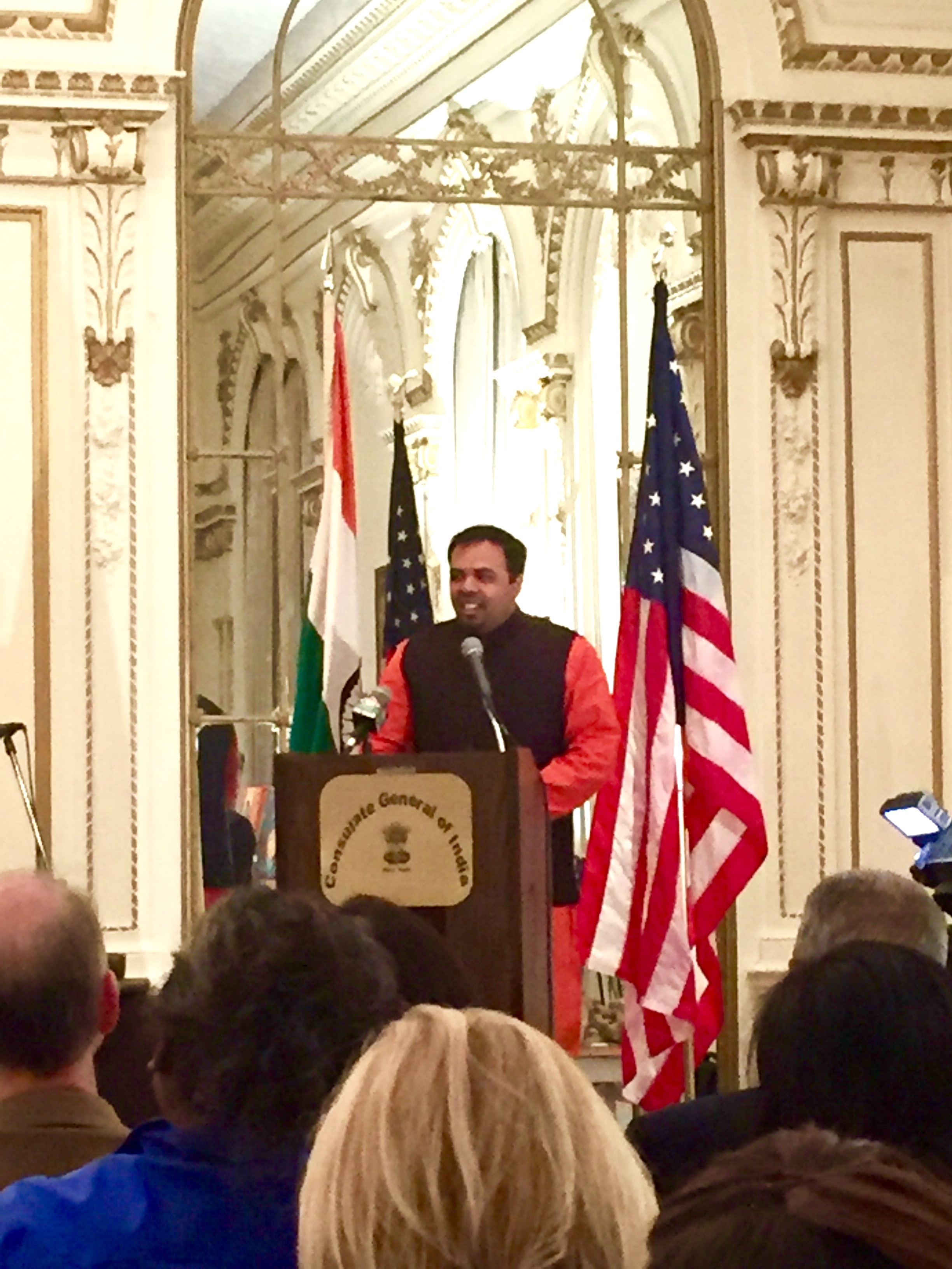 Addressing dignitaries at the Indian Consulate, New York, October 2015