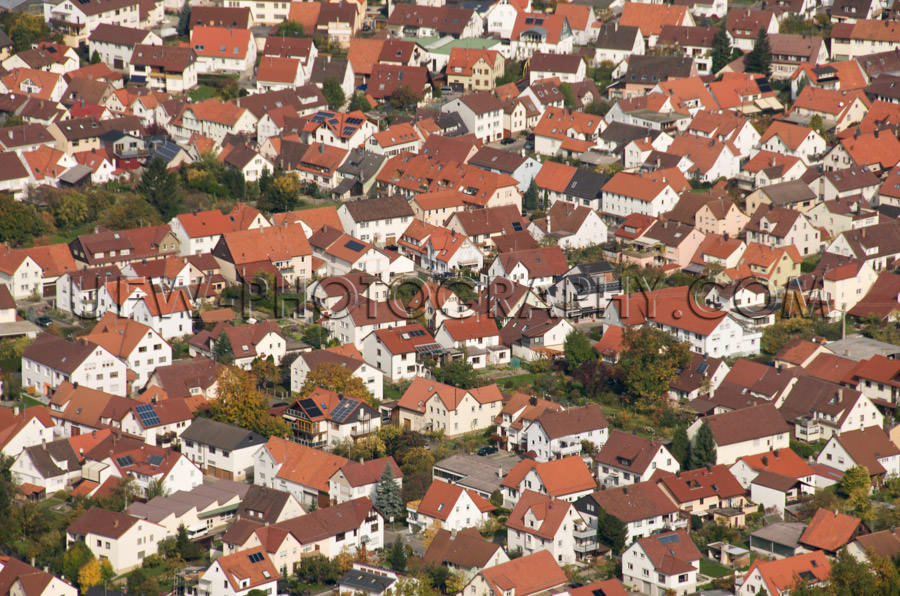 Aerial view of a small, clean and safe town - Stock Image