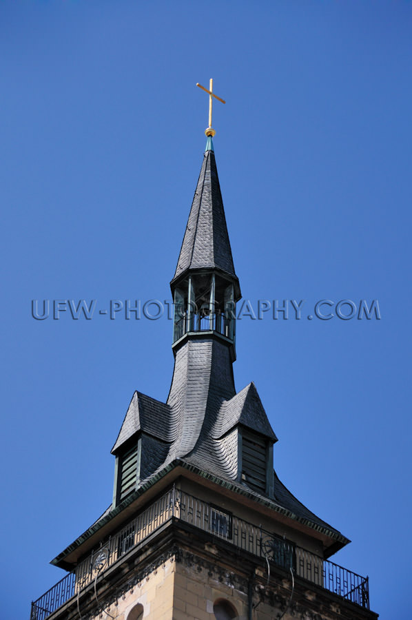 Church tower against dark blue clear sky Stock Image