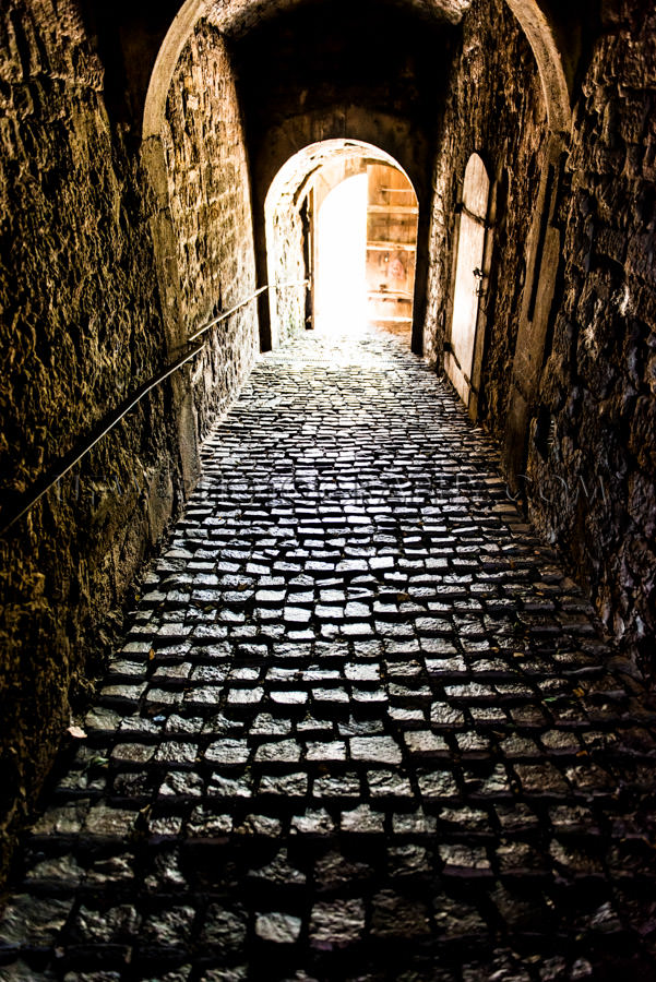 Dark gloomy tunnel hallway castle bright light at end medieval S