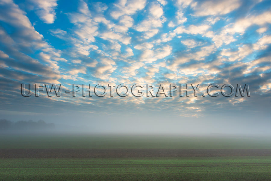 Autumn mood foggy field morning sunny clouds blue sky Stock Imag