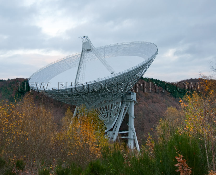 Huge radio telescope metal structure hilly autumn landscape Stoc