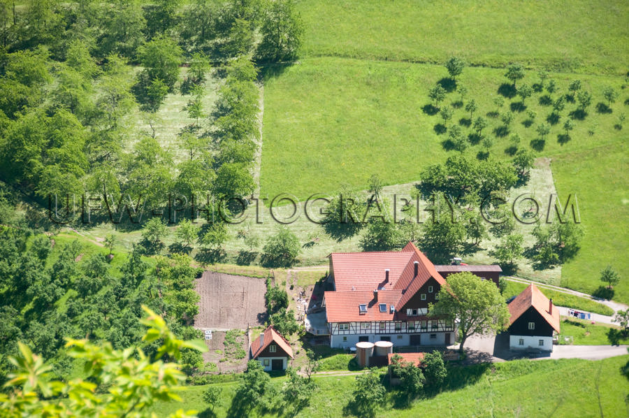 Lovely aerial view farm buildings trees meadows black forest Sto