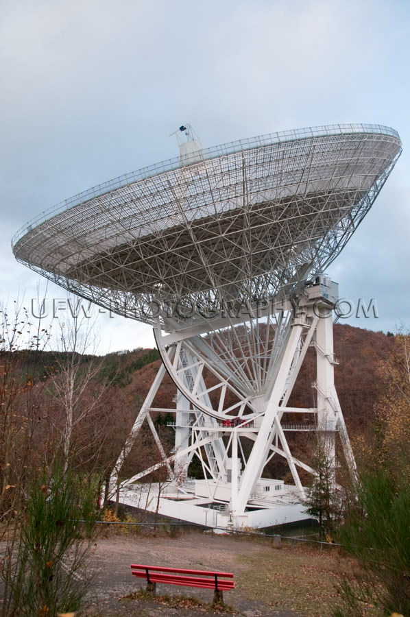 Full size view of a radio telescope, hilly fall landscape - Stoc