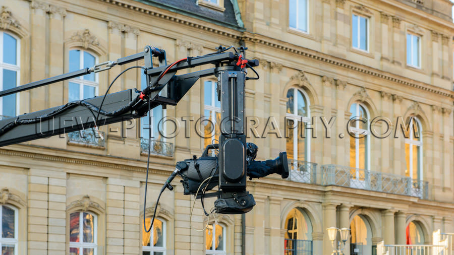 TV movie camera crane jib set production palace facade window St