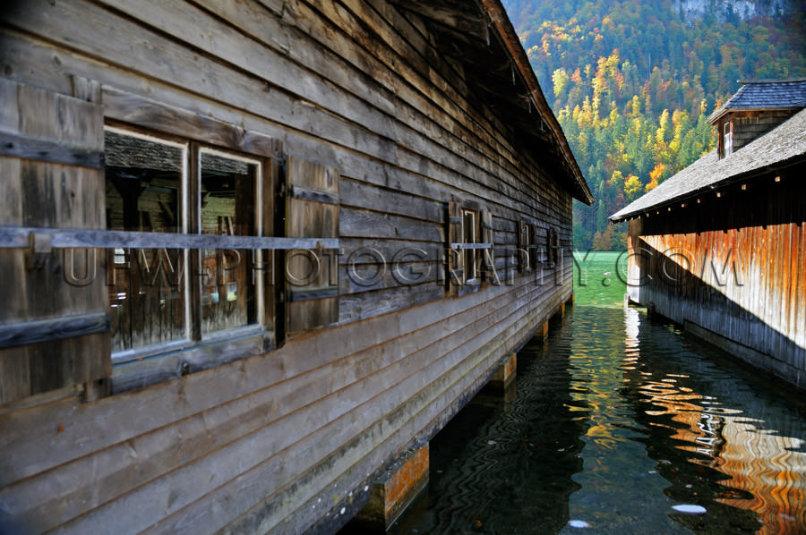 Lake view between two boathouses diminishing perspective Stock I