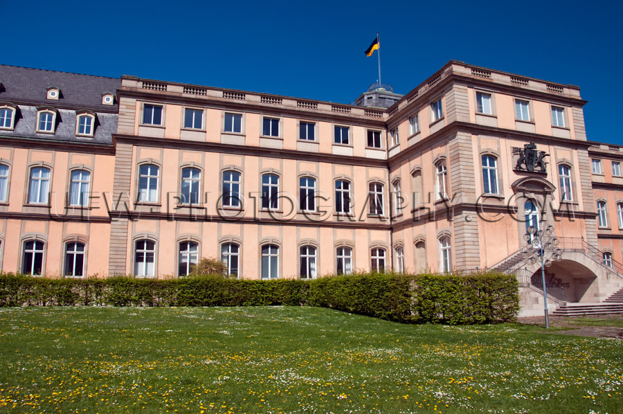 Frühling Wiese Blüten Burg Tiefblauer Himmel Stock Foto