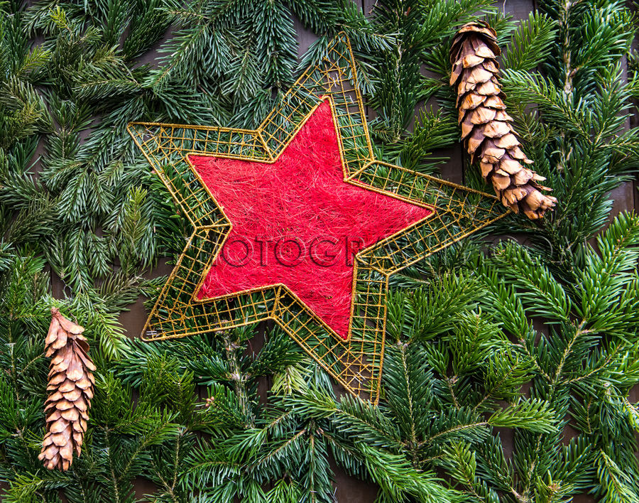 Weihnachten Dekoration Tanne Zweige Tannenzapfen Rot Goldene Ste