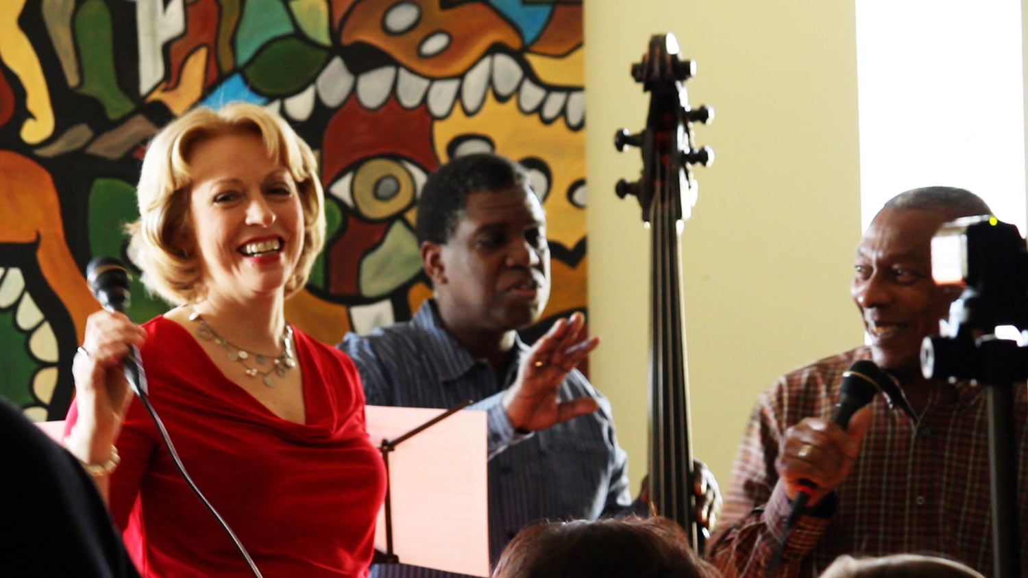   Jeanne and Richard with bassist Hillyard Greene at house concert in Harlem  