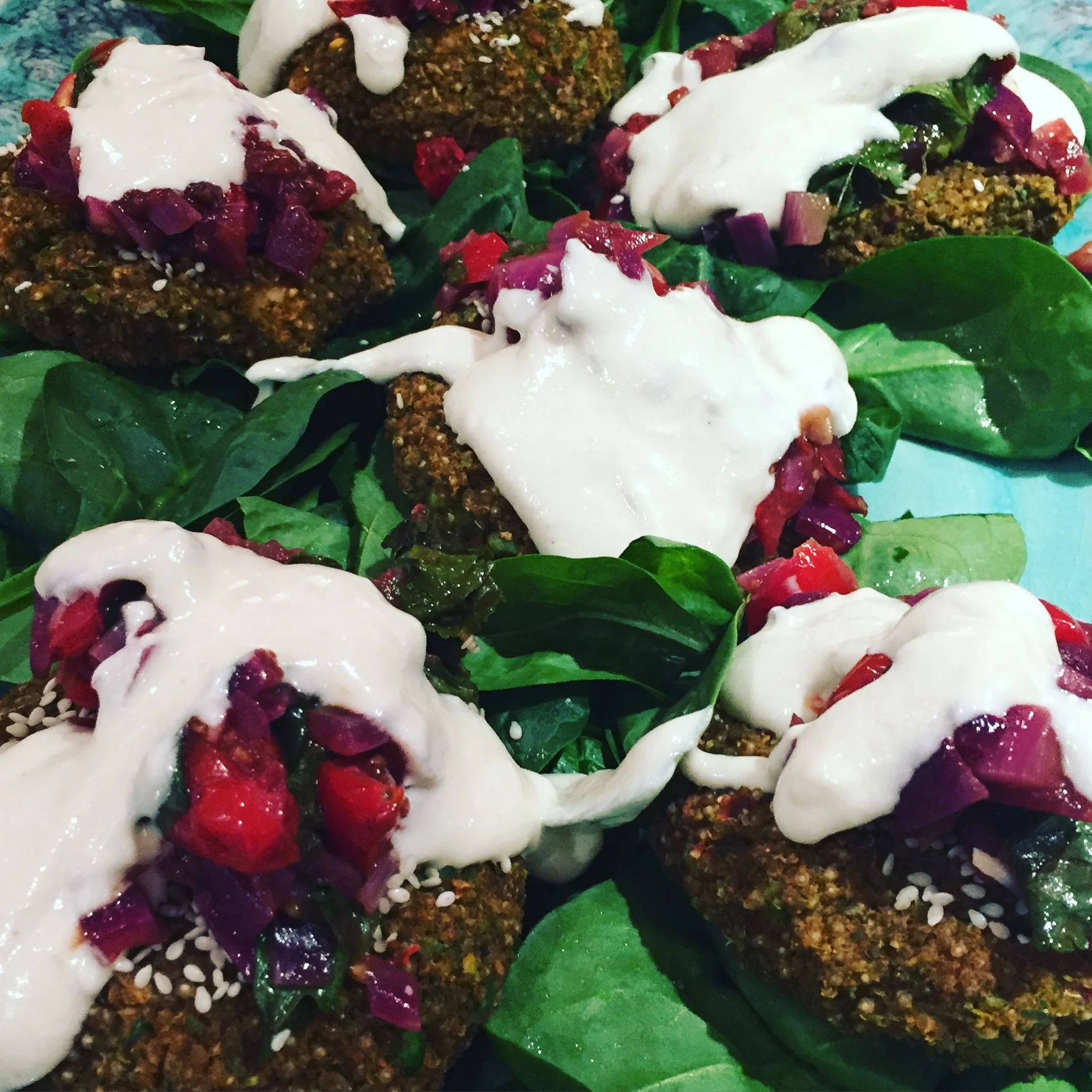 Amazing Quinoa Burgers with Tomato Relish and Tahini Dressing