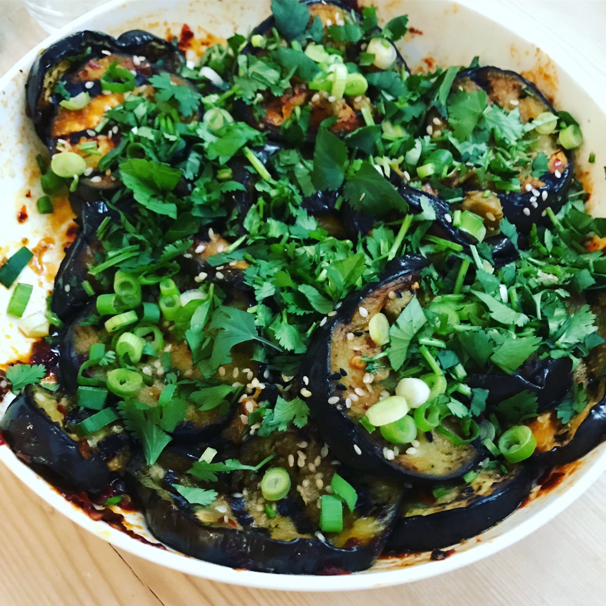 Sticky, spicy aubergines