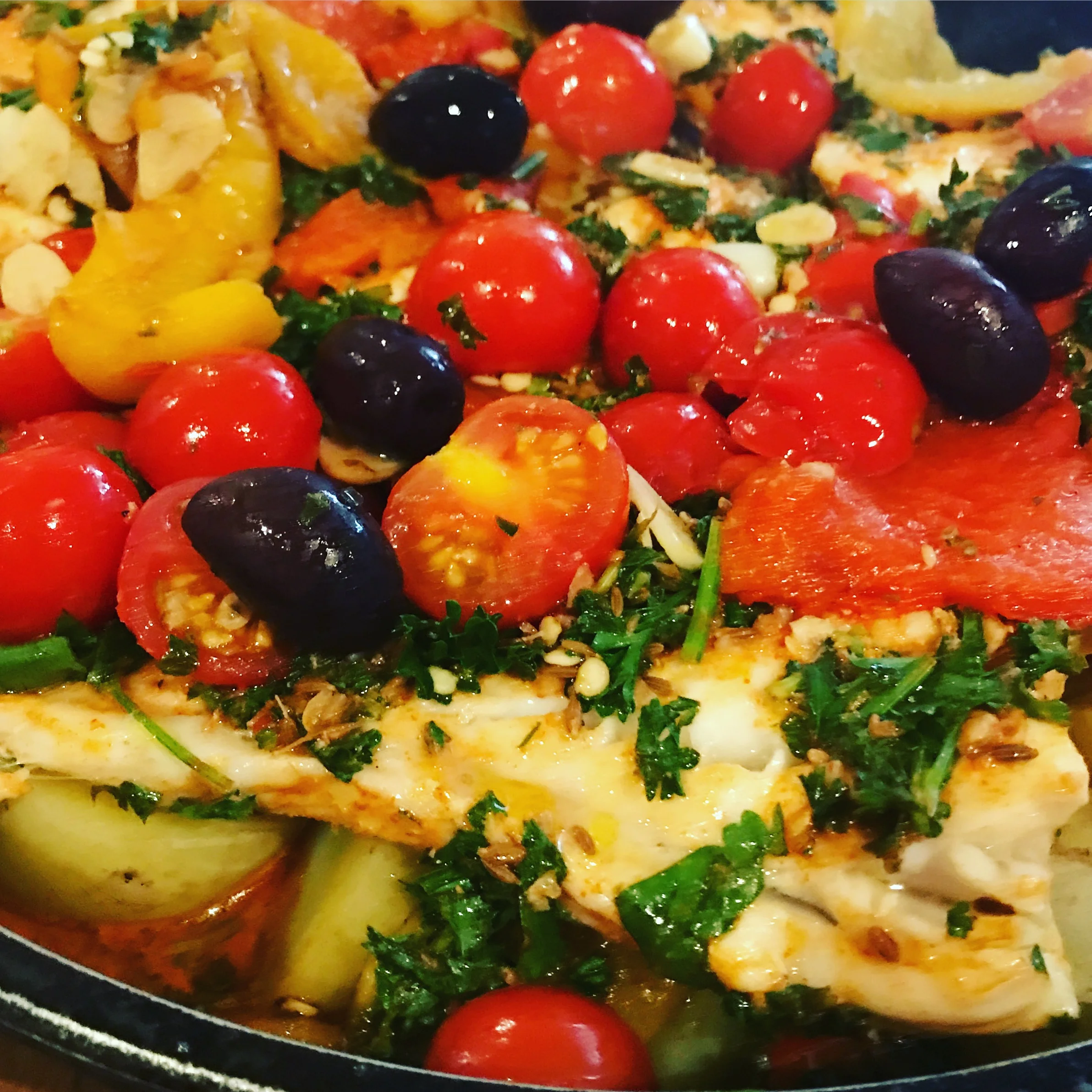 Moroccan fish tagine with roasted peppers and potatoes