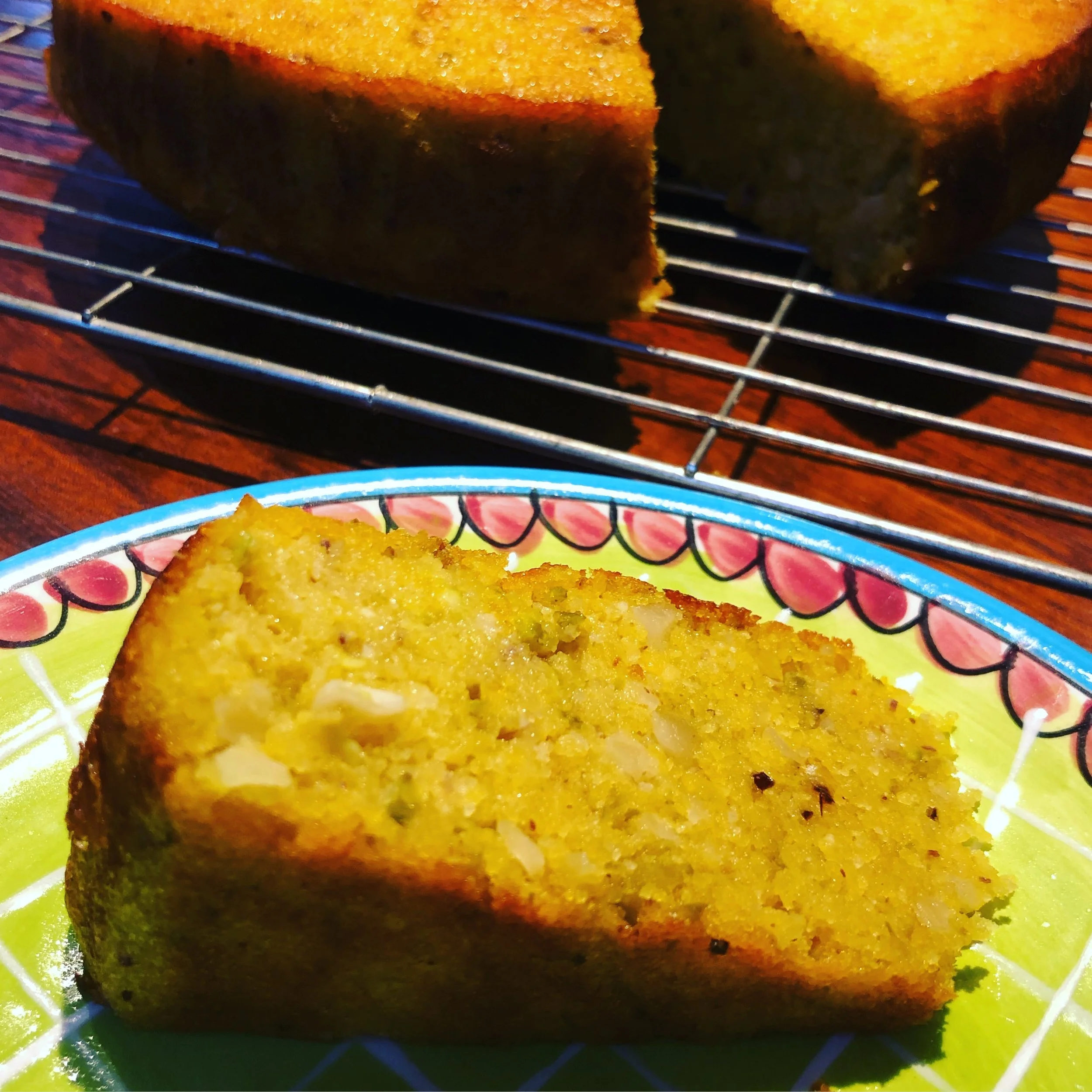 Peach, polenta and pistachio cake