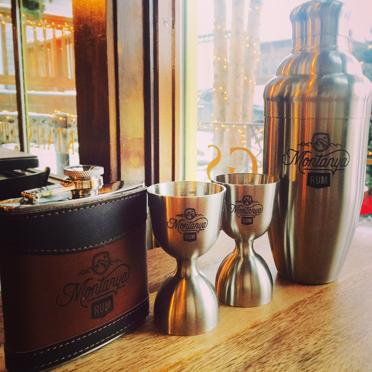 Montanya Rum logo barware - two tone leather flask at 120 ml, heavy stainless jigger, high quality three part shaker!