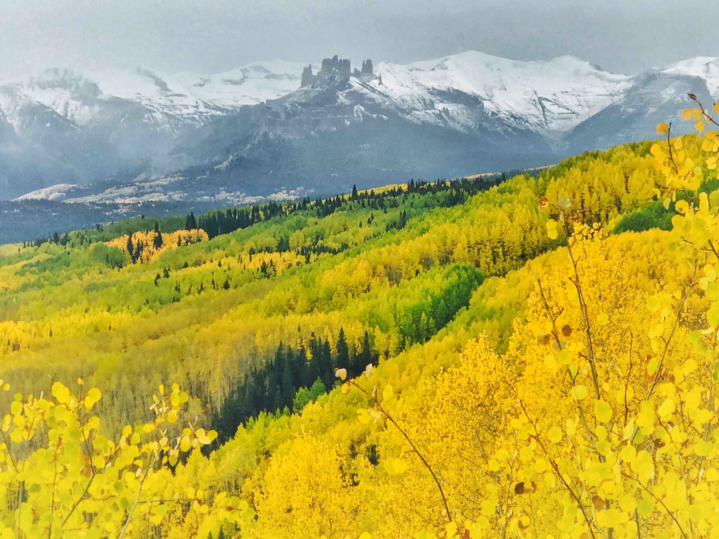 An autumn view of the Castles, near Crested Butte, Colo. and Montanya Distillers.