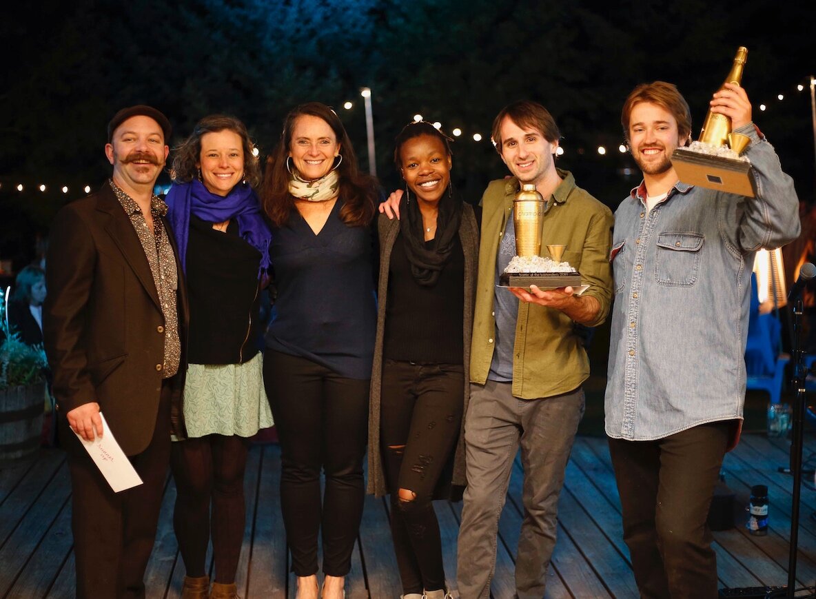 Winners of the 2019 Battle of the Bartenders pictured with Montanya Distillers co-founder and co-owner Karen Hoskin. Left to right: Drew Henry and Sarah Lane Lubeley of the Dogwood (Runner-Up), Karen Hoskin (Montanya Owner), Nontobeko Mbokwana and Eliot Tilton of the Divvy (Champions), and Brandon Lehman of the Princess (People’s Choice). Photo by Nathan Bilow.