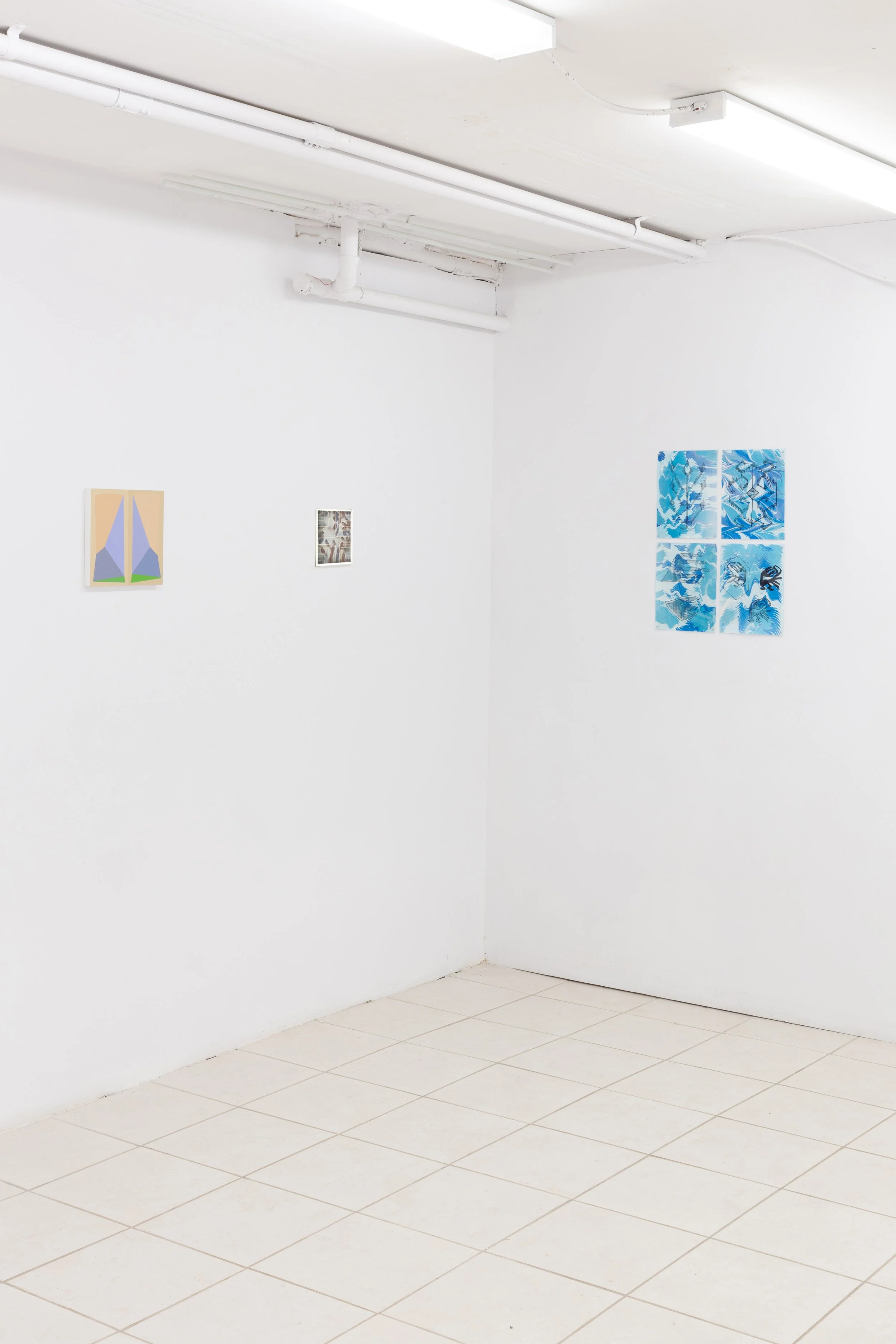   Fixing Messages , acrylic on panel, 10 × 10 inches, 2025. Donation to plumbraiser 6.0 at  The Plumb  (Toronto, ON). Photo by Alison Postma.  The install image shows works by Shannon Garden-Smith (centre) and Alize Zorlutuna (right). 