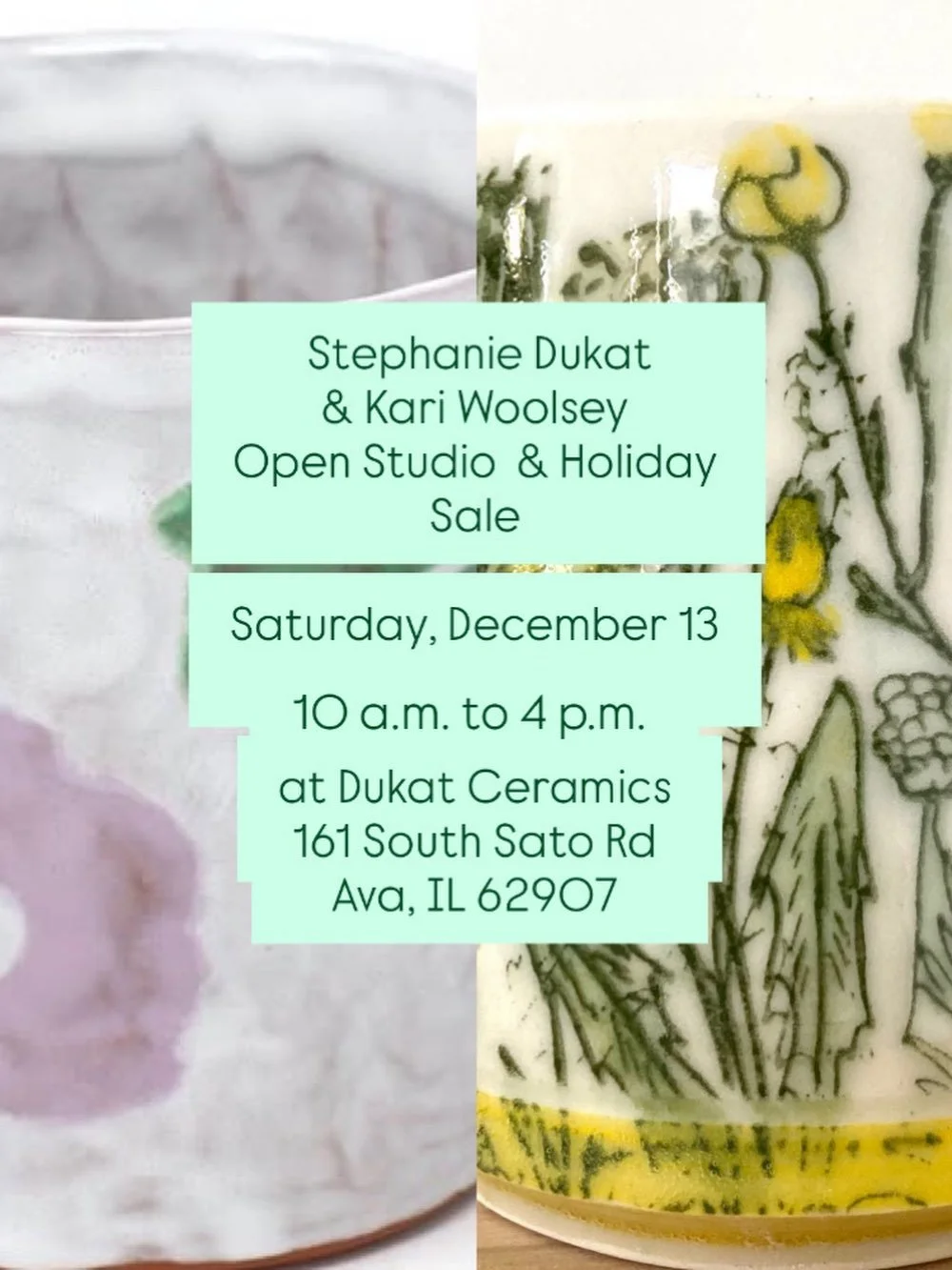 @kariwoolsey and I will having a Open Studio and Holiday Sale at my studio in Ava on Saturday, December 13th from 10 a.m. to 4 p.m.. Stop by for some snacks, pie, pottery, and some holiday cheer!