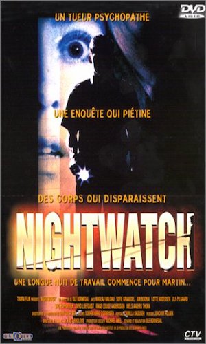 Nightwatch - Dir. Ole Bornedal imdb synopsis: A law student starts working as nightwatchman at Department of Forensic Medicine in Copenhagen. His mad friend gets him on a game of dare that escalates. As a serial-killer's victims start piling up at work, he becomes a suspect.