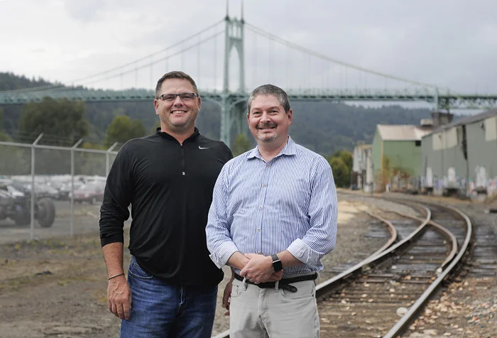 Ben Wood, left, and Brian Wilson of The Mainland Companies are developing a series of projects near the Willamette River in the Cathedral Park neighborhood. (Sam Tenney/DJC)