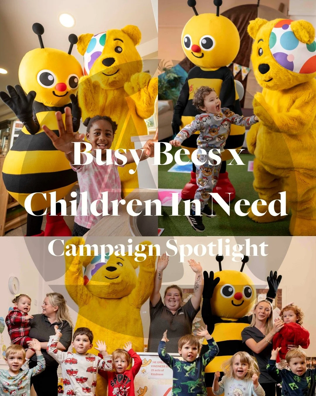 What do you get when a big yellow bear meets a big yellow bee?

Only the most charming tour of @busybees_nurseries in partnership with @bbccin!

Over two days, Pudsey Bear and Buzz visited a total of 10 Busy Bees Nurseries as part of Busy Bees&rsquo;
